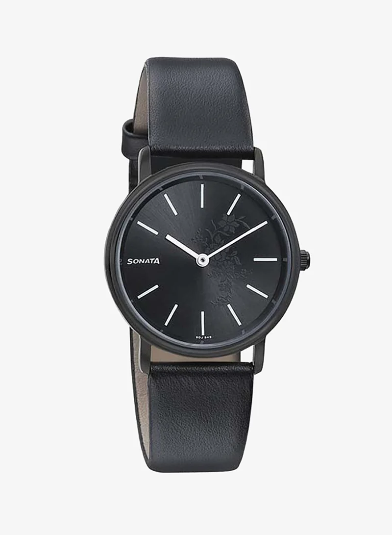 Sonata Round Shape Leather Band Analog Wrist Watch 87029NL02 - 34 mm - Black