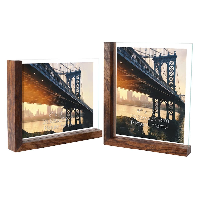 Lavezee 8x10 Picture Frames Set of 2 Rustic L Shaped Double Sided Frame for 8 by 10 Photo Made of Brown Base and HD Tempered Glass Covers for Table Top Display