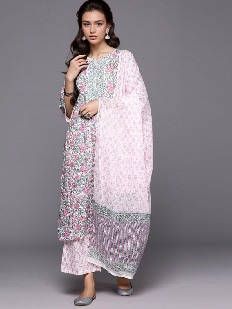 Arayna Women's Cotton Block Printed Floral Straight Kurta with Palazzo Pants and Dupatta Set, Pink, Medium - Image 3