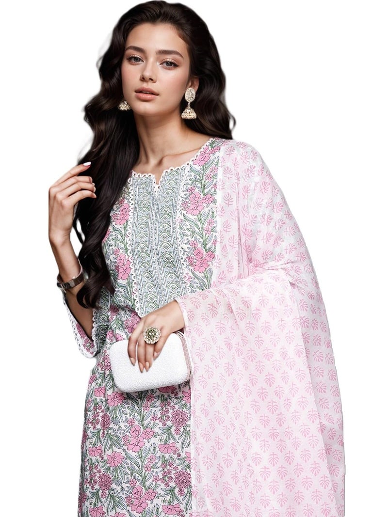 Arayna Women's Cotton Block Printed Floral Straight Kurta with Palazzo Pants and Dupatta Set, Pink, Medium - Image 1