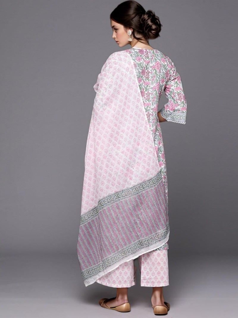 Arayna Women's Cotton Block Printed Floral Straight Kurta with Palazzo Pants and Dupatta Set, Pink, Medium - Image 5