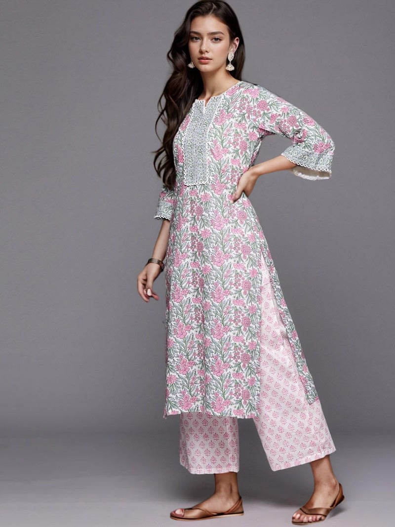 Arayna Women's Cotton Block Printed Floral Straight Kurta with Palazzo Pants and Dupatta Set, Pink, Medium - Image 4