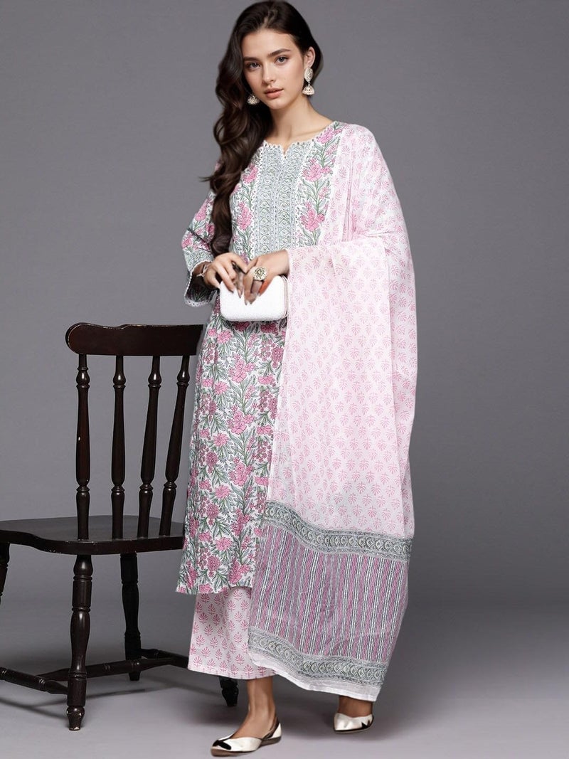 Arayna Women's Cotton Block Printed Floral Straight Kurta with Palazzo Pants and Dupatta Set, Pink, Medium - Image 2
