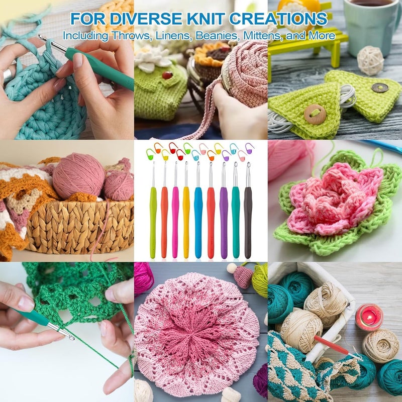 Dodhar مجموعة 9 قطع من إبر الكروشيه من الألمنيوم مع مقبض مطاطي ناعم وأدوات خياطة خيوط الكروشيه مع 15 علامة خياطة قفل - Image 5