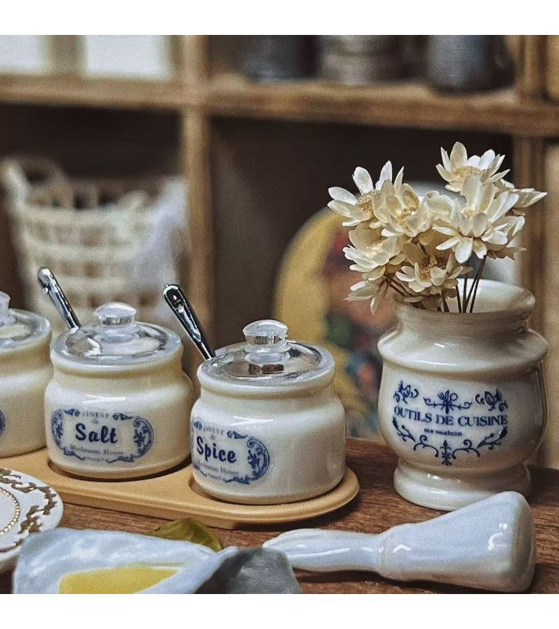 7Pcs White Miniature Dollhouse Kitchen Seasoning Jars Storage Set - Image 1