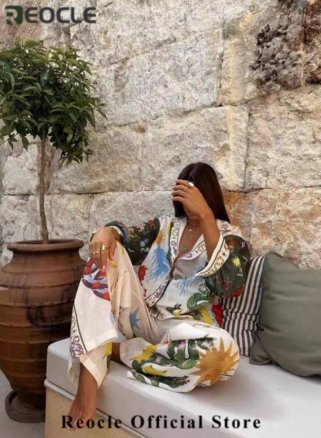 ريوكل طقم نسائي مكون من قطعتين لإجازة الشاطئ غير الرسمية، قميص بطبعة قمر وأزرار وياقة قميص بأكمام طويلة وبنطلون واسع الساق، ملابس إجازة شاطئية صيفية على طراز هاواي - Image 2