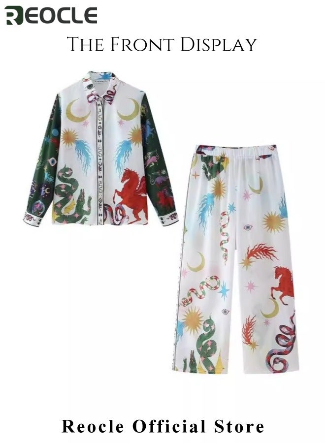 ريوكل طقم نسائي مكون من قطعتين لإجازة الشاطئ غير الرسمية، قميص بطبعة قمر وأزرار وياقة قميص بأكمام طويلة وبنطلون واسع الساق، ملابس إجازة شاطئية صيفية على طراز هاواي - Image 4