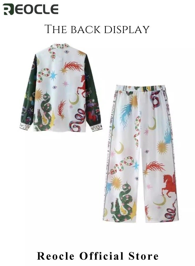 ريوكل طقم نسائي مكون من قطعتين لإجازة الشاطئ غير الرسمية، قميص بطبعة قمر وأزرار وياقة قميص بأكمام طويلة وبنطلون واسع الساق، ملابس إجازة شاطئية صيفية على طراز هاواي - Image 5
