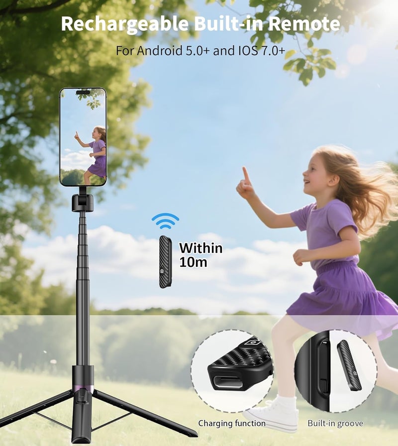 TONEOF 173cm/68“ Magnetic Selfie Stick Tripod, Aluminum Strong Magnetic Phone Holder for Magsafe, 360° Rotatable Travel Phone Camera Tripod Stand with Metal Ring&Rechargeable Remote for iPhone/Android - Image 3
