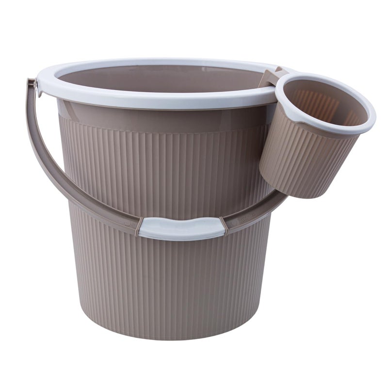 AIR O MATIC AIR O MATIC New Plastic Round Double Moulded Unbreakable 25 LTR Bucket 15 LTR Mug Bathroom Set Ivory Brown 