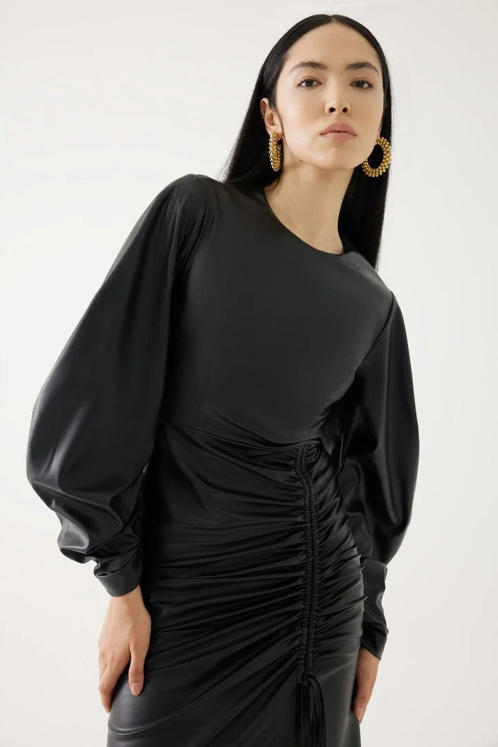 EXQUISE Gathered Detail Leather Dress