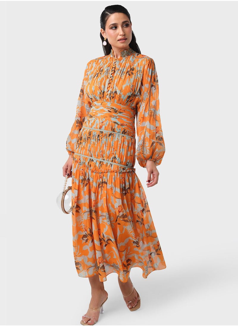 Threadz by Ajooni - Ruched Waist Printed Dress - Image 1