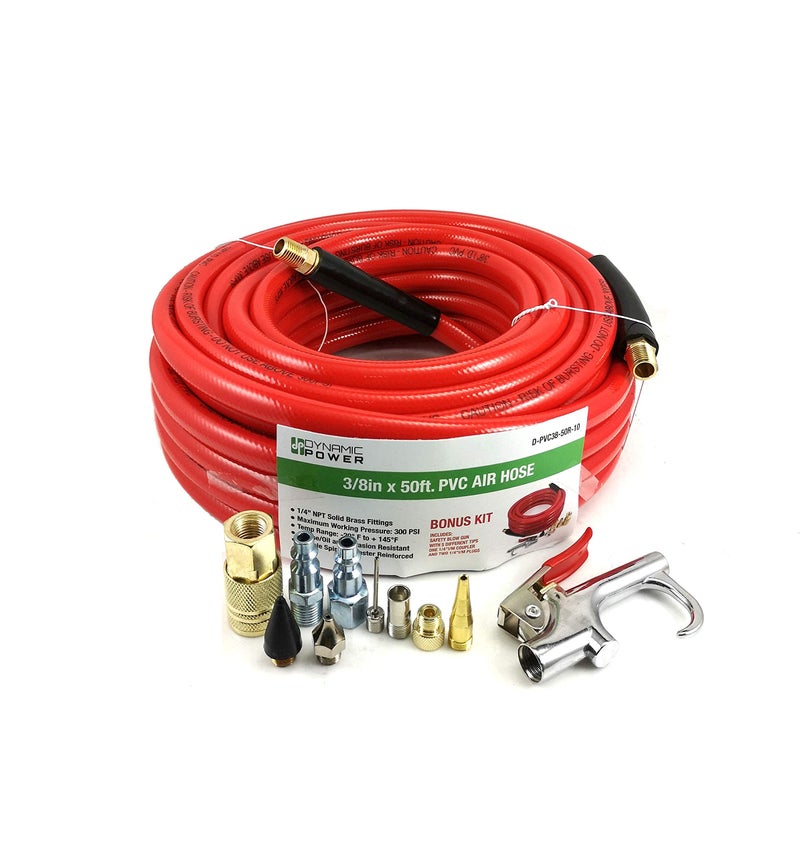 DYNAMIC POWER 3/8" x 50ft PVC Air Compressor Hose WITH 10 Pieces Air Compressor Accessories Kit - Image 1