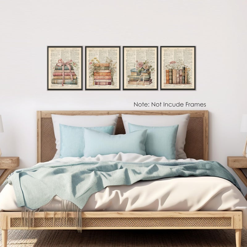 BESERH Retro Bookish Wall Decor, Vintage Book Wall Art Prints, Preppy Bow Floral Dictionary Book Posters for Reading Room Corner Nook Library Classroom, 8x10 Inches Set of 4 Unframed - Image 4