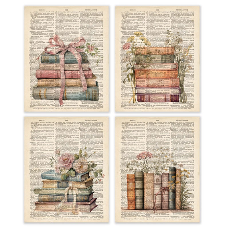 BESERH Retro Bookish Wall Decor, Vintage Book Wall Art Prints, Preppy Bow Floral Dictionary Book Posters for Reading Room Corner Nook Library Classroom, 8x10 Inches Set of 4 Unframed - Image 1