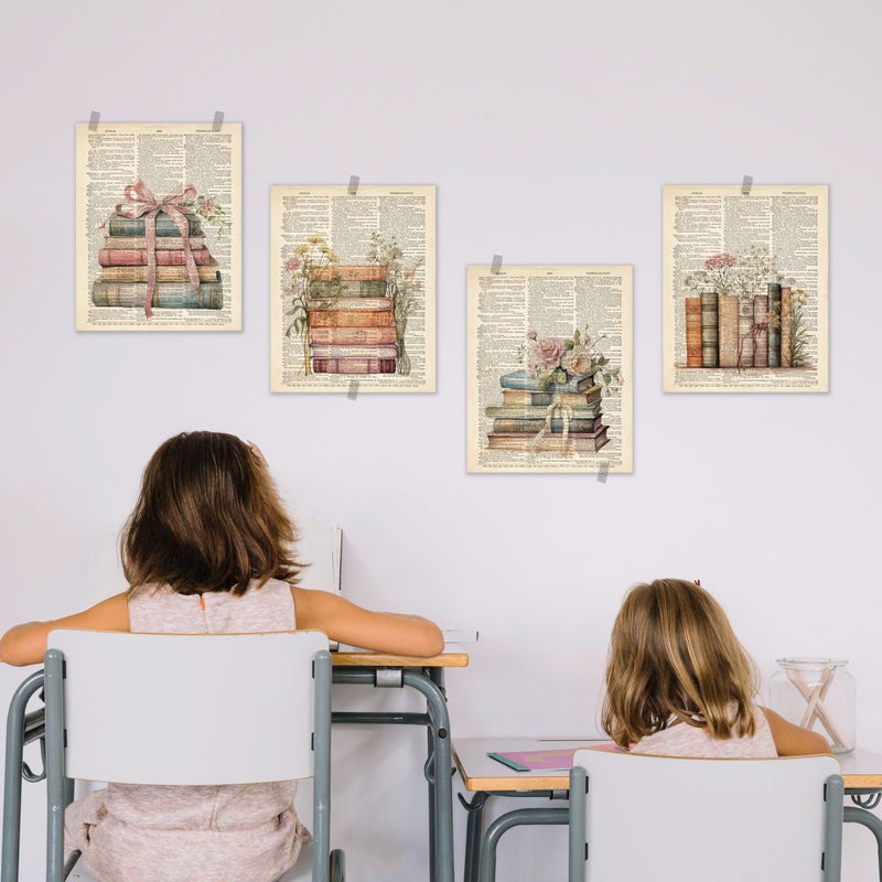BESERH Retro Bookish Wall Decor, Vintage Book Wall Art Prints, Preppy Bow Floral Dictionary Book Posters for Reading Room Corner Nook Library Classroom, 8x10 Inches Set of 4 Unframed - Image 5