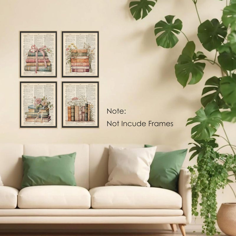BESERH Retro Bookish Wall Decor, Vintage Book Wall Art Prints, Preppy Bow Floral Dictionary Book Posters for Reading Room Corner Nook Library Classroom, 8x10 Inches Set of 4 Unframed - Image 3
