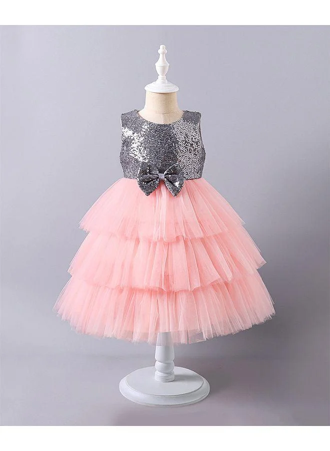 Mark & Mia Mark & Mia Bow Detailed Sequins Embellished Sleeveless Tulle Dress - Grey & Peach