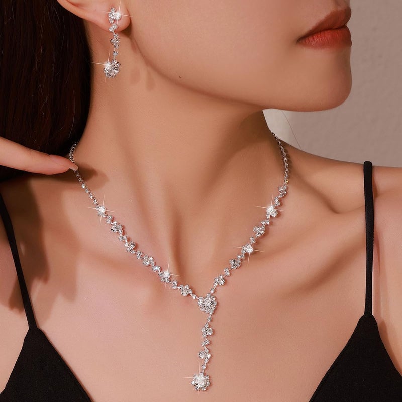 FUTIMELY Silver Rhinestone Prom Jewelry Set for Women,Black Glitter Crystal Chain Choker Necklace Cz Drop Earring for Wedding Bridal,Formal Costume Accessories (White) - Image 3