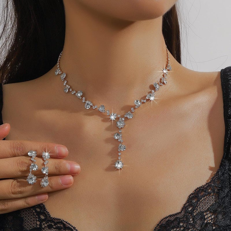 FUTIMELY Silver Rhinestone Prom Jewelry Set for Women,Black Glitter Crystal Chain Choker Necklace Cz Drop Earring for Wedding Bridal,Formal Costume Accessories (White) - Image 2