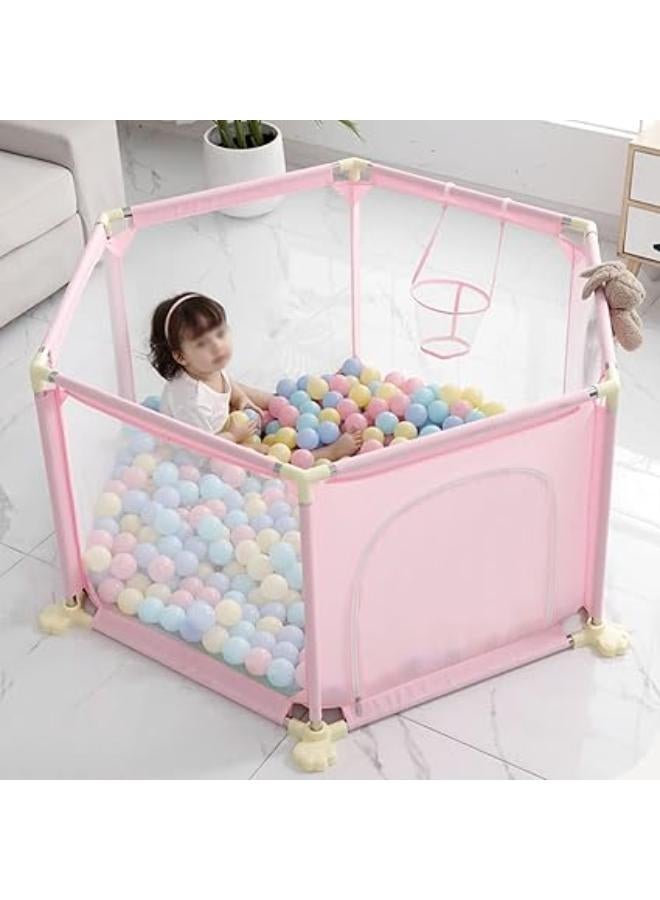Hexagon Baby Playpen,Portable Baby Fence,Indoor Outdoor Kids Safety Playard Crawling Playpen,Pink/Green/Grey,Including 20 Ocean Balls,1 Mat,1 Basketball Hoop,1 Hand Pull Ring,Pink125×65×65cm