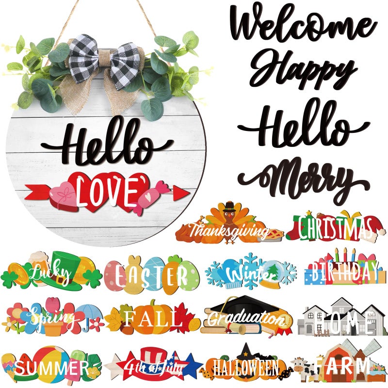 Burbell 20 Pcs Interchangeable Welcome Sign Valentine's Day Interchangeable Wooden Seasonal Hello Sign Rustic Round Seasonal Wreaths for Front Door Porch Wall Decor(White) - Image 1