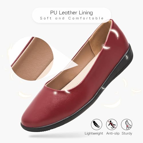 Shupua Women's Flats Comfortable Black Flats Shoes Women Round Toe Ballerina Flats Leather Dress Shoes Work Flats for Office(Red.us7) - Image 5
