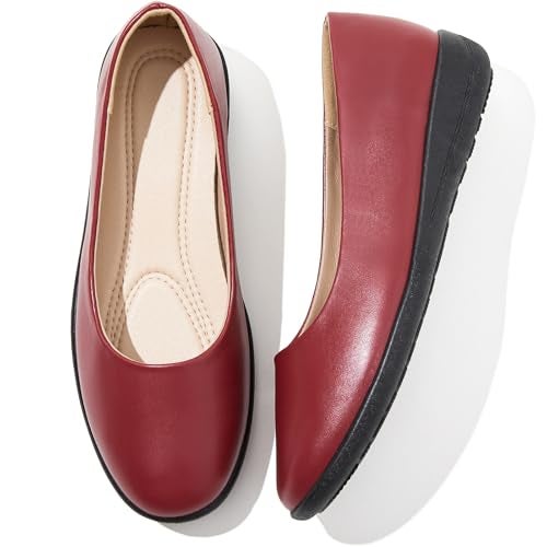 Shupua Women's Flats Comfortable Black Flats Shoes Women Round Toe Ballerina Flats Leather Dress Shoes Work Flats for Office(Red.us7) - Image 1