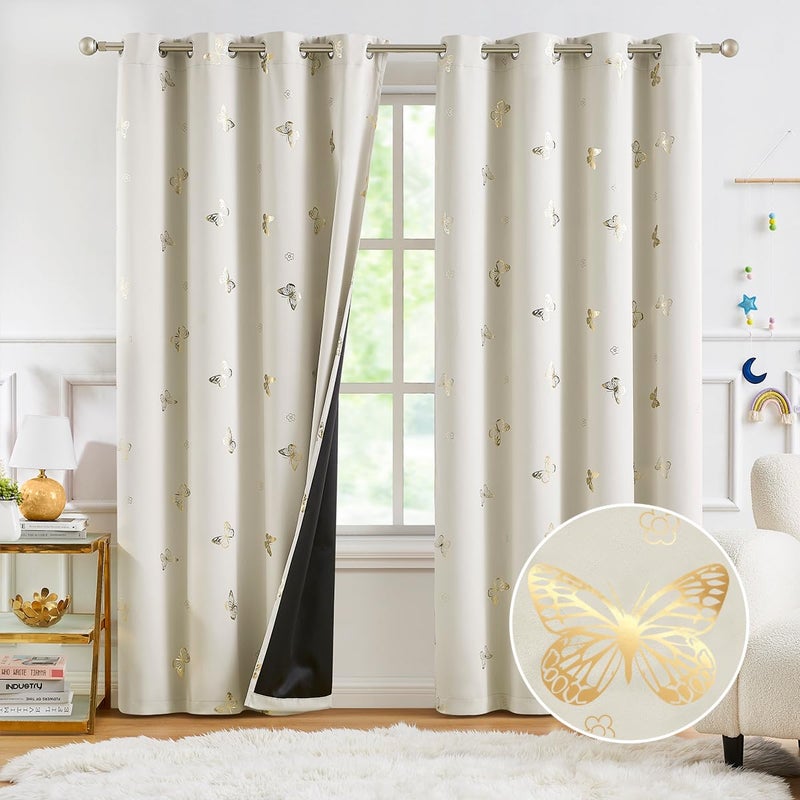 Jubilantex Butterfly Blackout Curtains 95"" Long for Kids Bedroom  Beige and Gold Print Floral Butterfly Curtains with Black Layer Room Darkening Grommet Window Drapes for Bedroom Girls Room 52x95 - Image 1