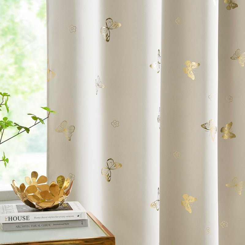 Jubilantex Butterfly Blackout Curtains 95"" Long for Kids Bedroom  Beige and Gold Print Floral Butterfly Curtains with Black Layer Room Darkening Grommet Window Drapes for Bedroom Girls Room 52x95 - Image 2