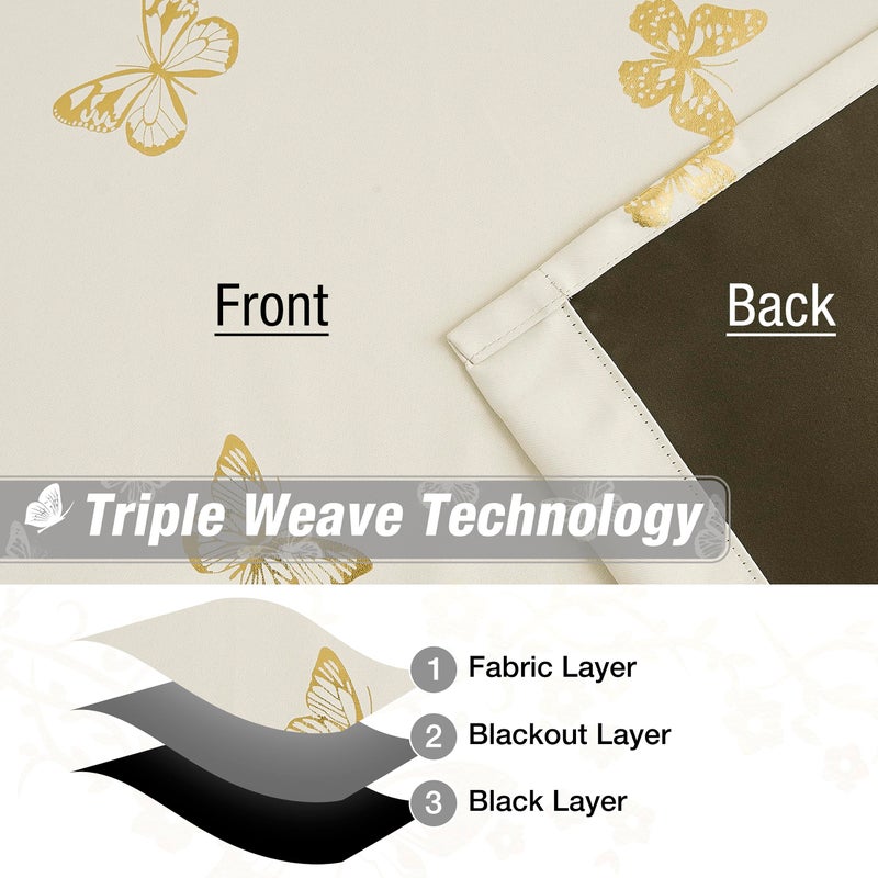 Jubilantex Butterfly Blackout Curtains 95"" Long for Kids Bedroom  Beige and Gold Print Floral Butterfly Curtains with Black Layer Room Darkening Grommet Window Drapes for Bedroom Girls Room 52x95 - Image 5