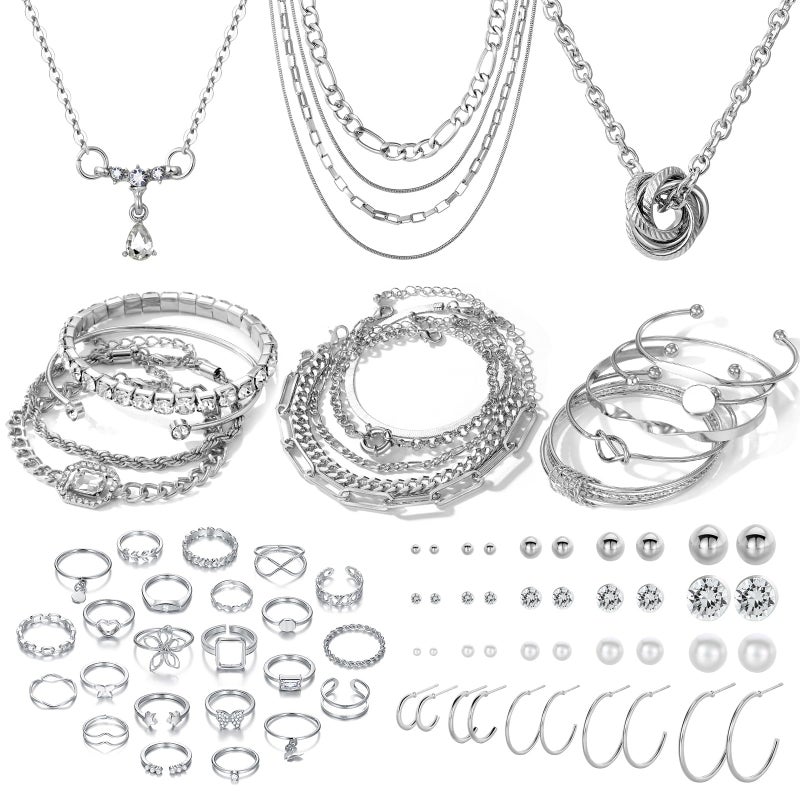 IFKM Silver Jewelry Set For Women With Chokers Pendant Necklaces, Layered Link Bracelets Bangle, Stackable Knuckle Rings, Stud And Hoop Earrings Dainty Elegant Cute Valentine Anniversary Birthday Friendship Gift - Image 1