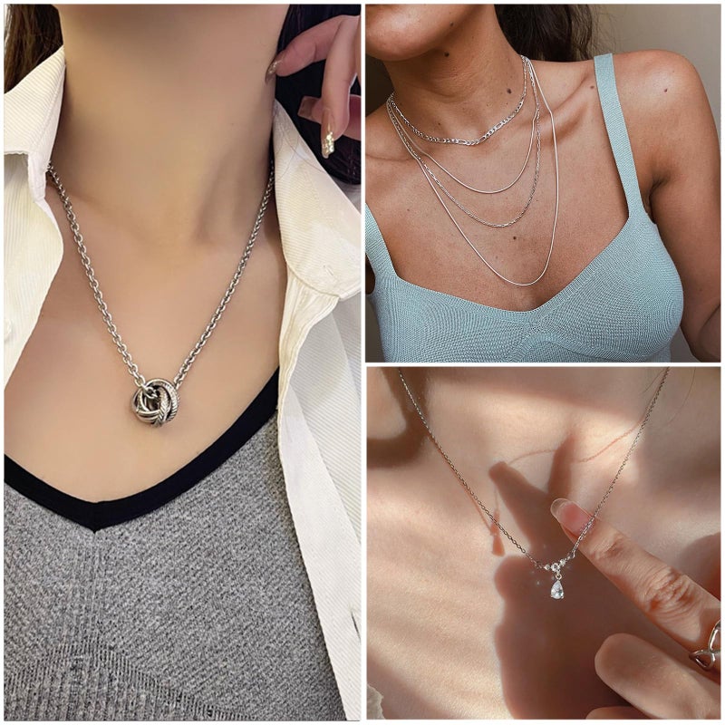 IFKM Silver Jewelry Set For Women With Chokers Pendant Necklaces, Layered Link Bracelets Bangle, Stackable Knuckle Rings, Stud And Hoop Earrings Dainty Elegant Cute Valentine Anniversary Birthday Friendship Gift - Image 2