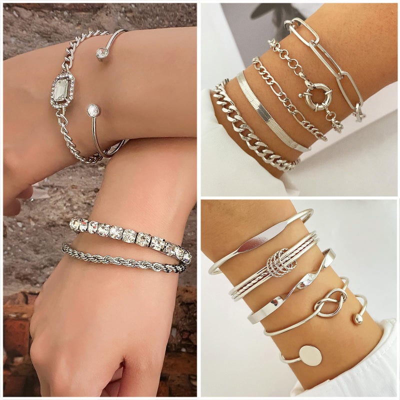 IFKM Silver Jewelry Set For Women With Chokers Pendant Necklaces, Layered Link Bracelets Bangle, Stackable Knuckle Rings, Stud And Hoop Earrings Dainty Elegant Cute Valentine Anniversary Birthday Friendship Gift - Image 3