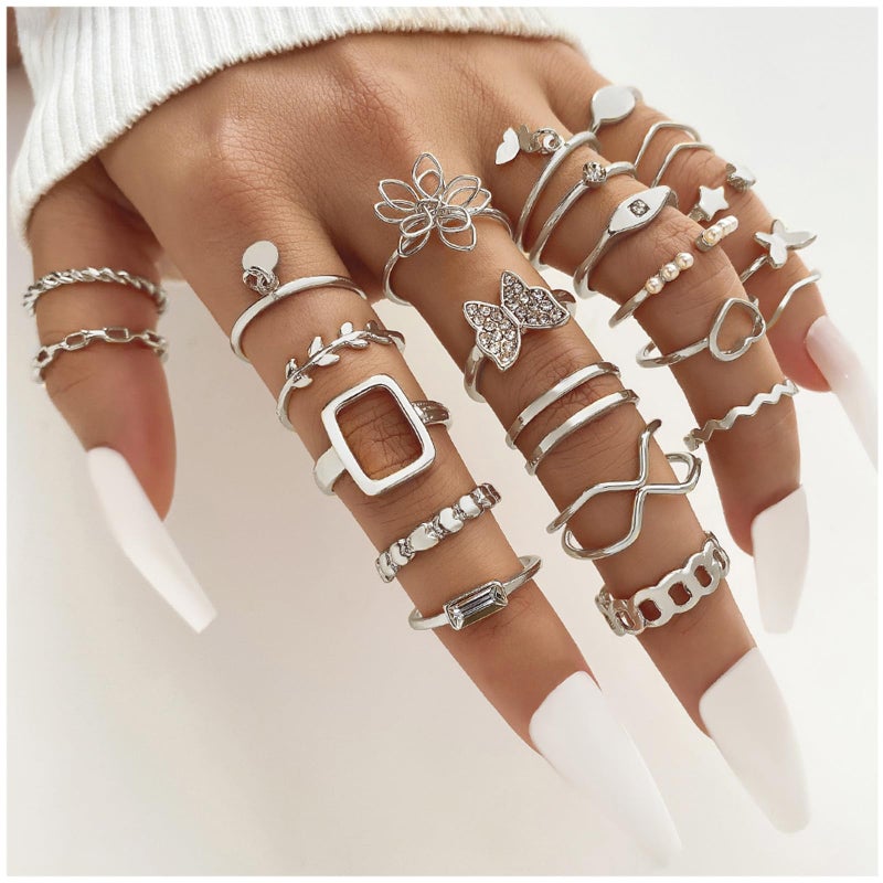 IFKM Silver Jewelry Set For Women With Chokers Pendant Necklaces, Layered Link Bracelets Bangle, Stackable Knuckle Rings, Stud And Hoop Earrings Dainty Elegant Cute Valentine Anniversary Birthday Friendship Gift - Image 4