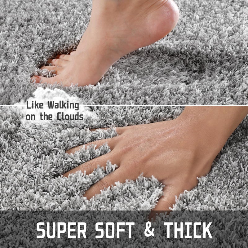 Yimobra Bathroom Rug Set 2 Piece, Soft Absorbent Microfiber Bath Mat Set, Non Slip Machine Washable Dry, Plush Shaggy Shower Rugs for Bathroom Floor, 32"x20"+24"x17", Light Gray and White - Image 3