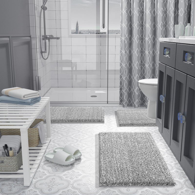 Yimobra Bathroom Rug Set 2 Piece, Soft Absorbent Microfiber Bath Mat Set, Non Slip Machine Washable Dry, Plush Shaggy Shower Rugs for Bathroom Floor, 32"x20"+24"x17", Light Gray and White - Image 2
