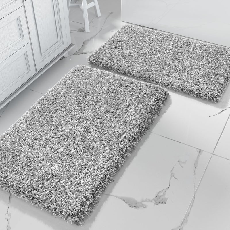 Yimobra Bathroom Rug Set 2 Piece, Soft Absorbent Microfiber Bath Mat Set, Non Slip Machine Washable Dry, Plush Shaggy Shower Rugs for Bathroom Floor, 32"x20"+24"x17", Light Gray and White - Image 1