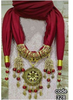 A scarf necklace made of lycra cotton with pendants of various shapes and sizes of golden nickel