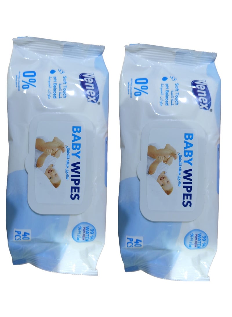 venex 2 Piececs of Baby Wipes 99% Water 2* 40 Wipes - Image 1