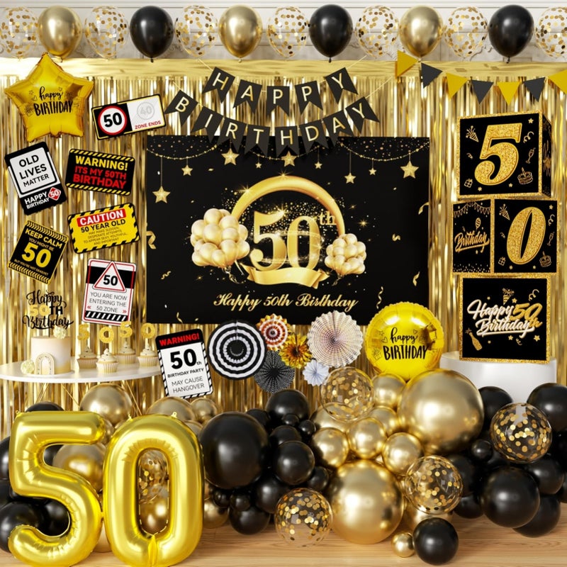 50th Birthday Party Decorations to 50 Years Old Party Supplies for Men with Balloons Garland kit 50th Birthday Backdrop Happy Birthday Banner Foil Balloons and Curtains