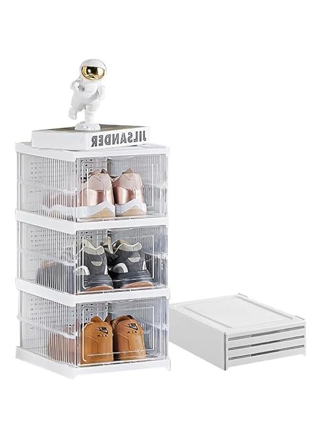 MIXDE Foldable Shoe Rack Collapsible Storage Box, Free Standing Bins Stackable Plastic Tote with Lids Organizing Installation Free Clear Dustproof 3 Layers - Image 1