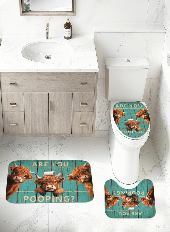 Mocsicka Vintage Funny Highland Cow Shower Curtain Set Retro Green Plank Door Farmhouse Cow Bath Decor Set Funny Bath Curtain Set with Anti-Slip Waterproof Bathtub Bathroom Rugs Toilet Lid Cover - Image 5