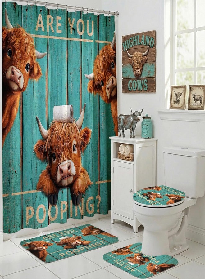 Mocsicka Vintage Funny Highland Cow Shower Curtain Set Retro Green Plank Door Farmhouse Cow Bath Decor Set Funny Bath Curtain Set with Anti-Slip Waterproof Bathtub Bathroom Rugs Toilet Lid Cover - Image 2
