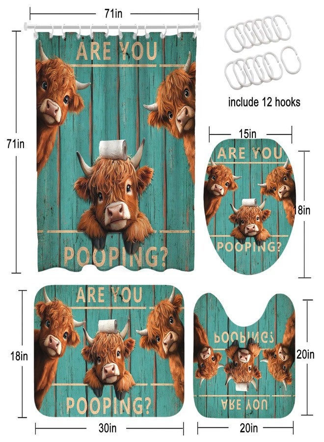 Mocsicka Vintage Funny Highland Cow Shower Curtain Set Retro Green Plank Door Farmhouse Cow Bath Decor Set Funny Bath Curtain Set with Anti-Slip Waterproof Bathtub Bathroom Rugs Toilet Lid Cover - Image 3