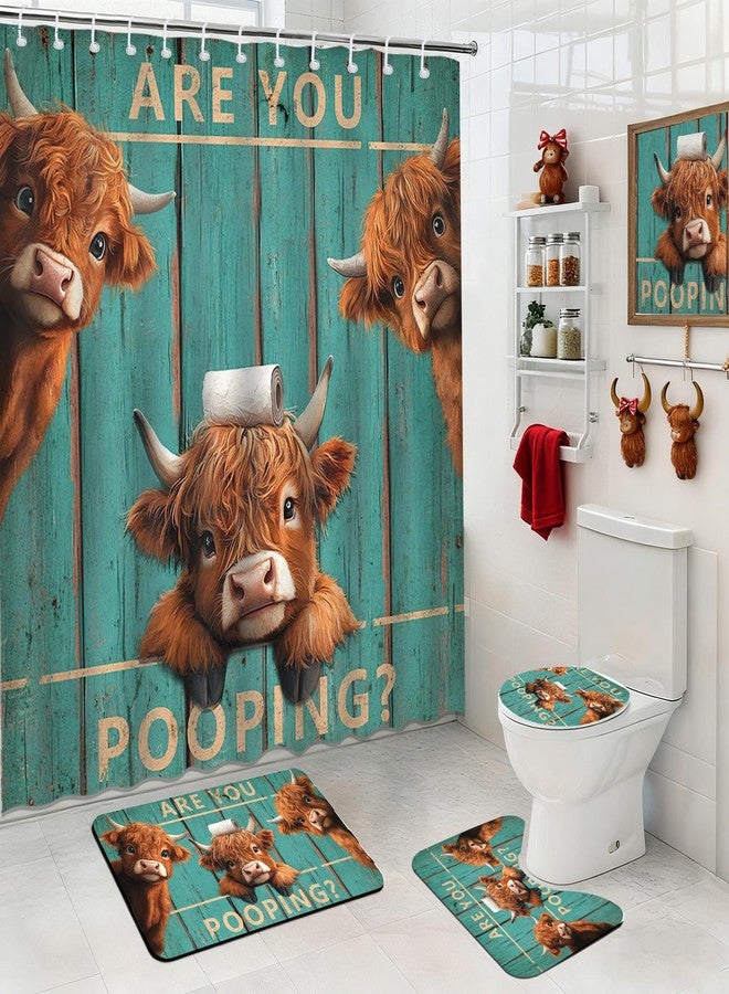 Mocsicka Vintage Funny Highland Cow Shower Curtain Set Retro Green Plank Door Farmhouse Cow Bath Decor Set Funny Bath Curtain Set with Anti-Slip Waterproof Bathtub Bathroom Rugs Toilet Lid Cover - Image 1