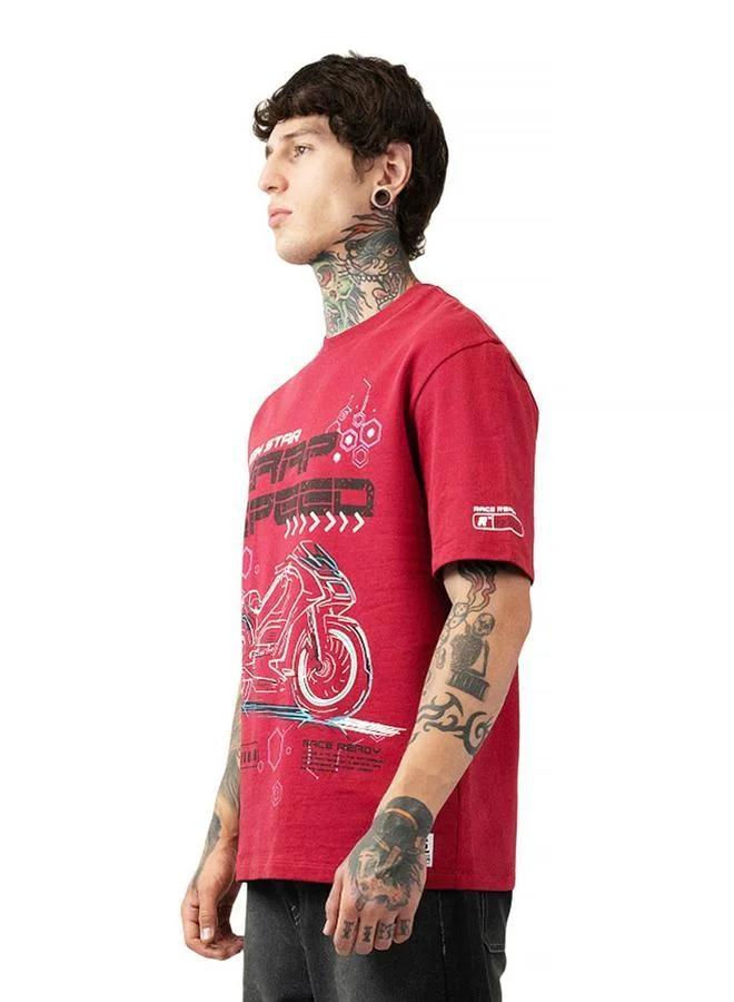 HIGH STAR Moto Racer Graphic Printed Round Neck Short Sleeves Relaxed Fit Cotton T-shirt