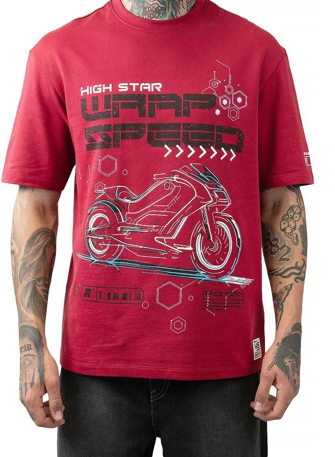 HIGH STAR Moto Racer Graphic Printed Round Neck Short Sleeves Relaxed Fit Cotton T-shirt
