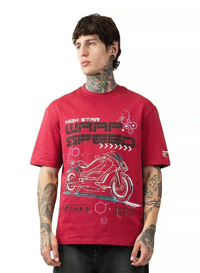 HIGH STAR Moto Racer Graphic Printed Round Neck Short Sleeves Relaxed Fit Cotton T-shirt