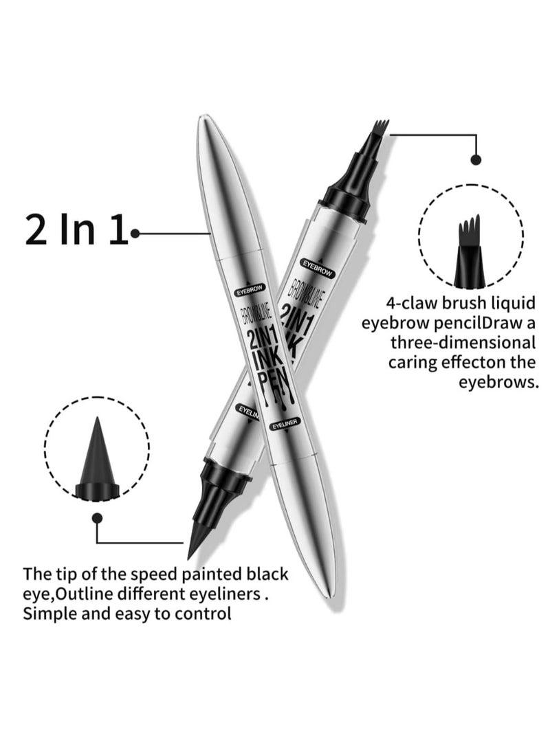 HelloKiss Brow and Line 2in1 Ink Pen for Eyebrow and Eyeliner Pen Waterproof Eyeliner Pencil 3D Microblading Eyebrow Tattoo Pencil 4 Fork Tip with Eyeliner Eyebrow and Black Eyeliner Pencil Dark Brown  02  - Image 2